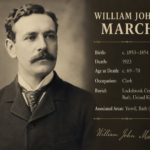 Vintage sepia portrait of William John March with genealogy details including birth circa 1853–1854, death in 1923, occupation as clerk, and burial at Locksbrook Cemetery, Bath, UK.