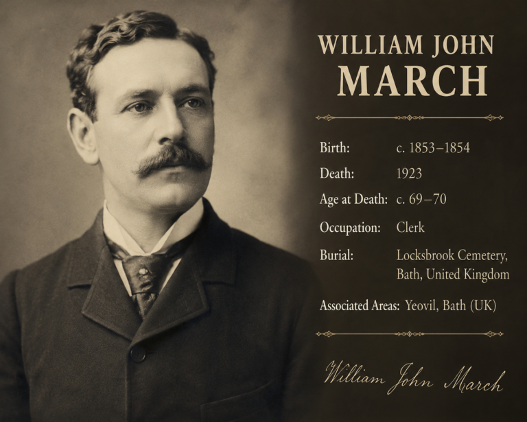 Vintage sepia portrait of William John March with genealogy details including birth circa 1853–1854, death in 1923, occupation as clerk, and burial at Locksbrook Cemetery, Bath, UK.