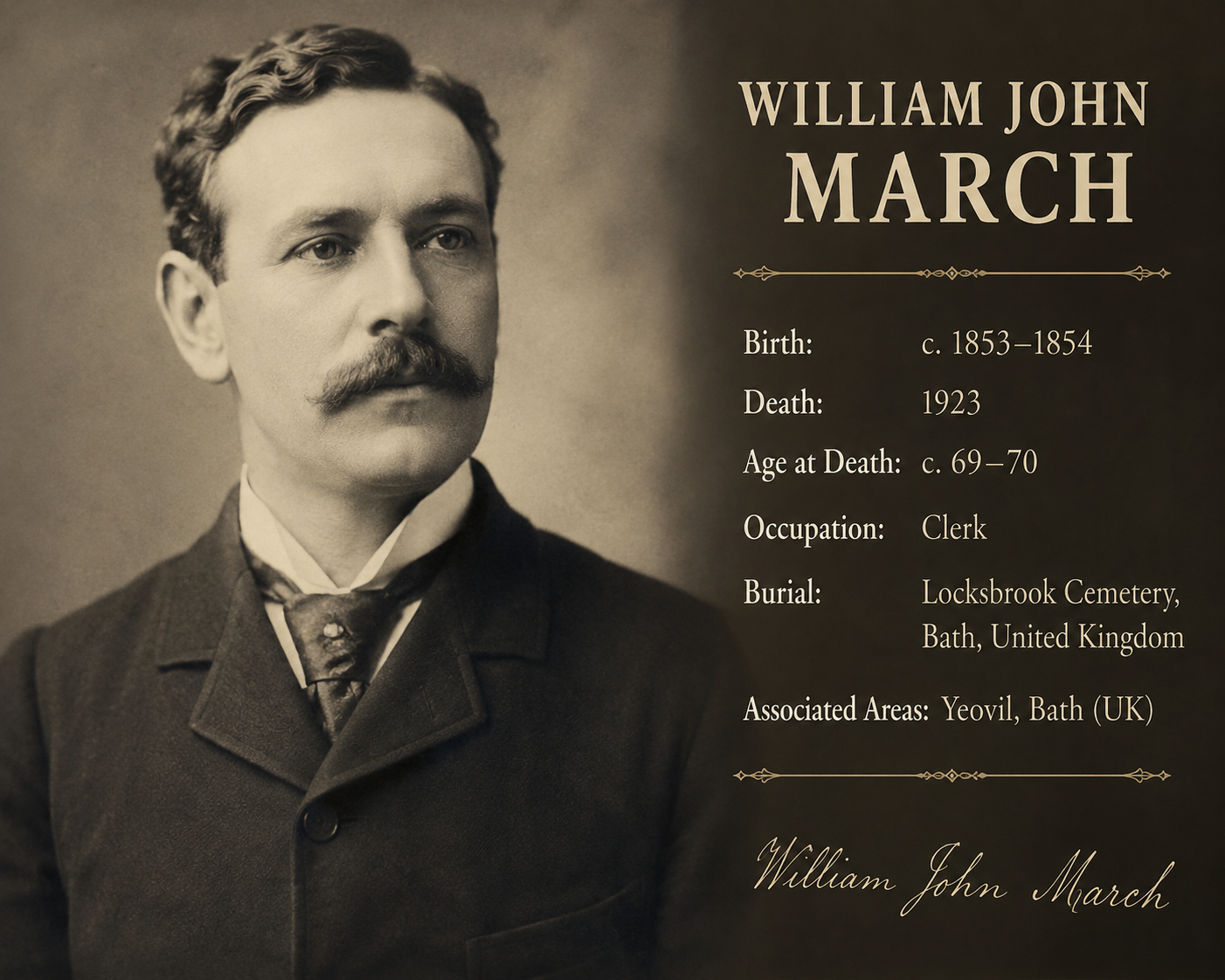Vintage sepia portrait of William John March with genealogy details including birth circa 1853–1854, death in 1923, occupation as clerk, and burial at Locksbrook Cemetery, Bath, UK.